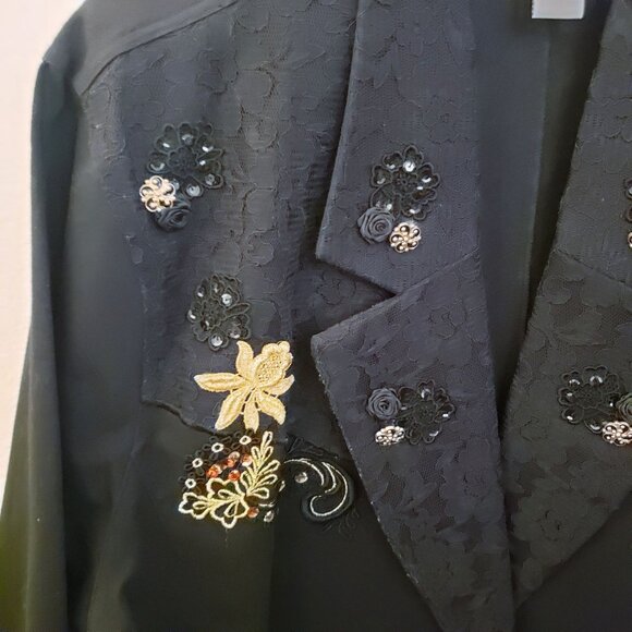 Lacy Afternoon Vintage Embelished Black Cotton Button Front Blazer Pockets 2X EU - Picture 4 of 10